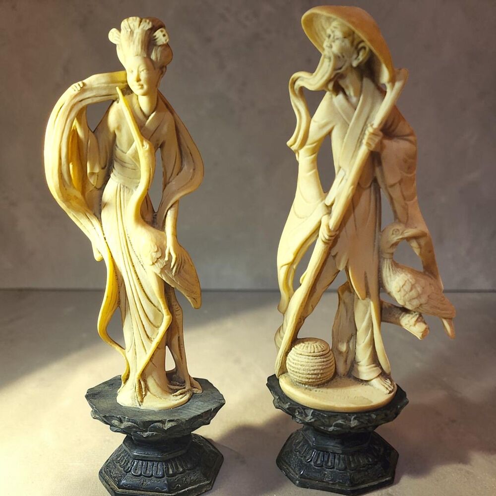 Vintage Asian Fisherman Woman Figurines Pair 12" Faux Ivory Resin Chinoiserie